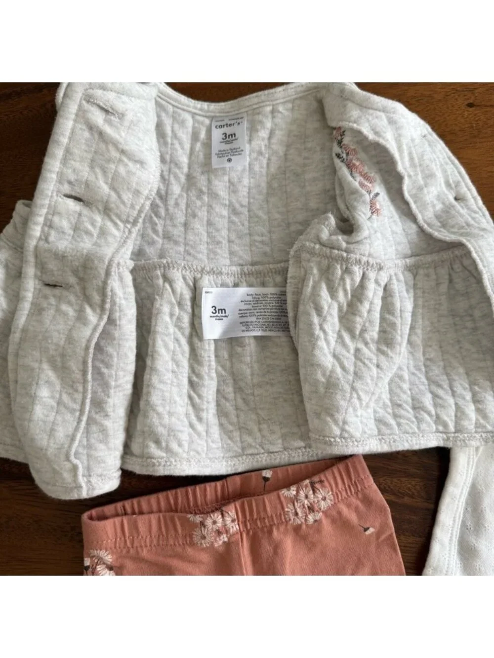 Carter’s Baby Embroidered Vest, White Bodysuit, Floral Leggings Set size 3M